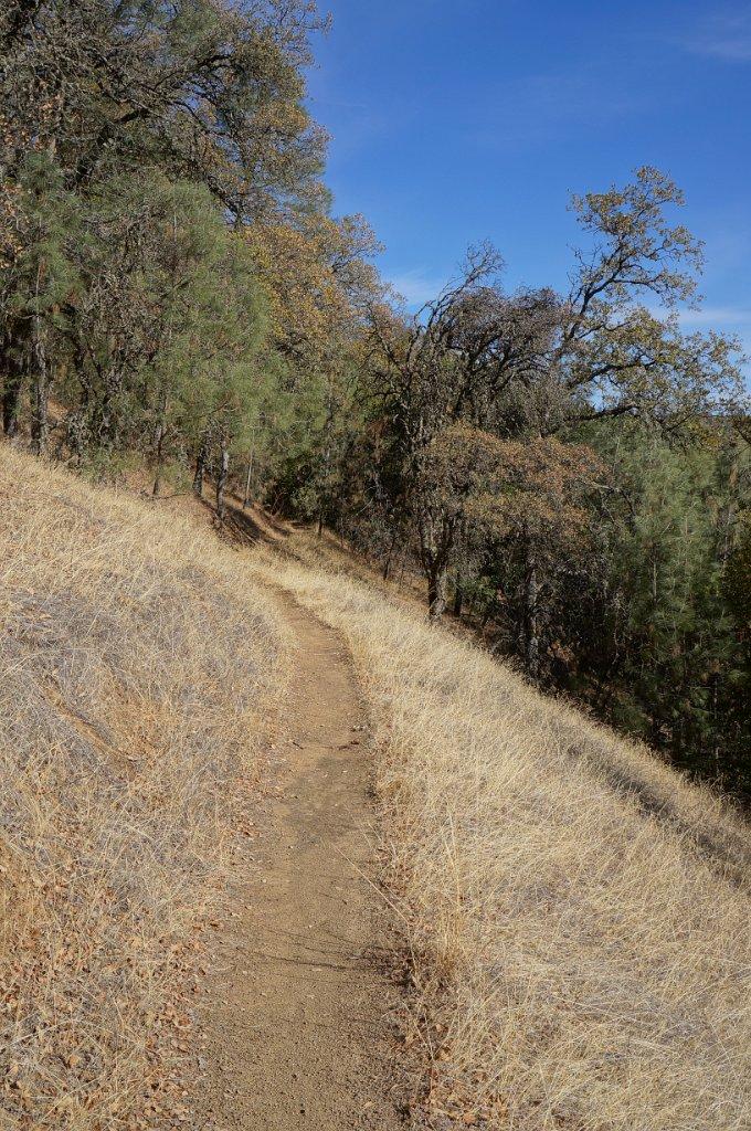 A narrow dirt trail cuts through a dry grassy hillside under blue sky.