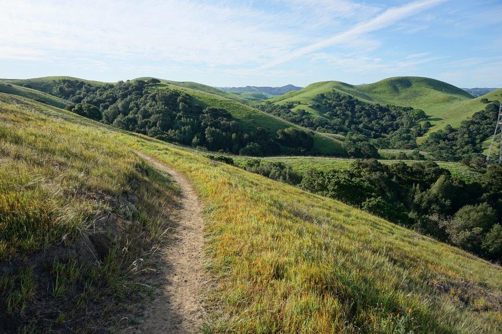 A dirt path traverses a vibrant green hillside overlooking rolling forested valleys.