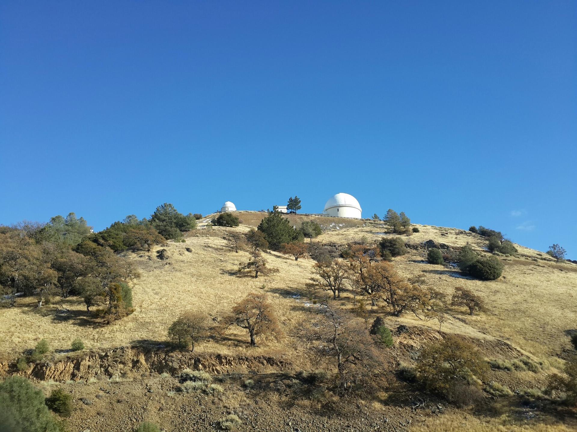 White observatory domes on a dry, tree-covered hill under a blue sky.