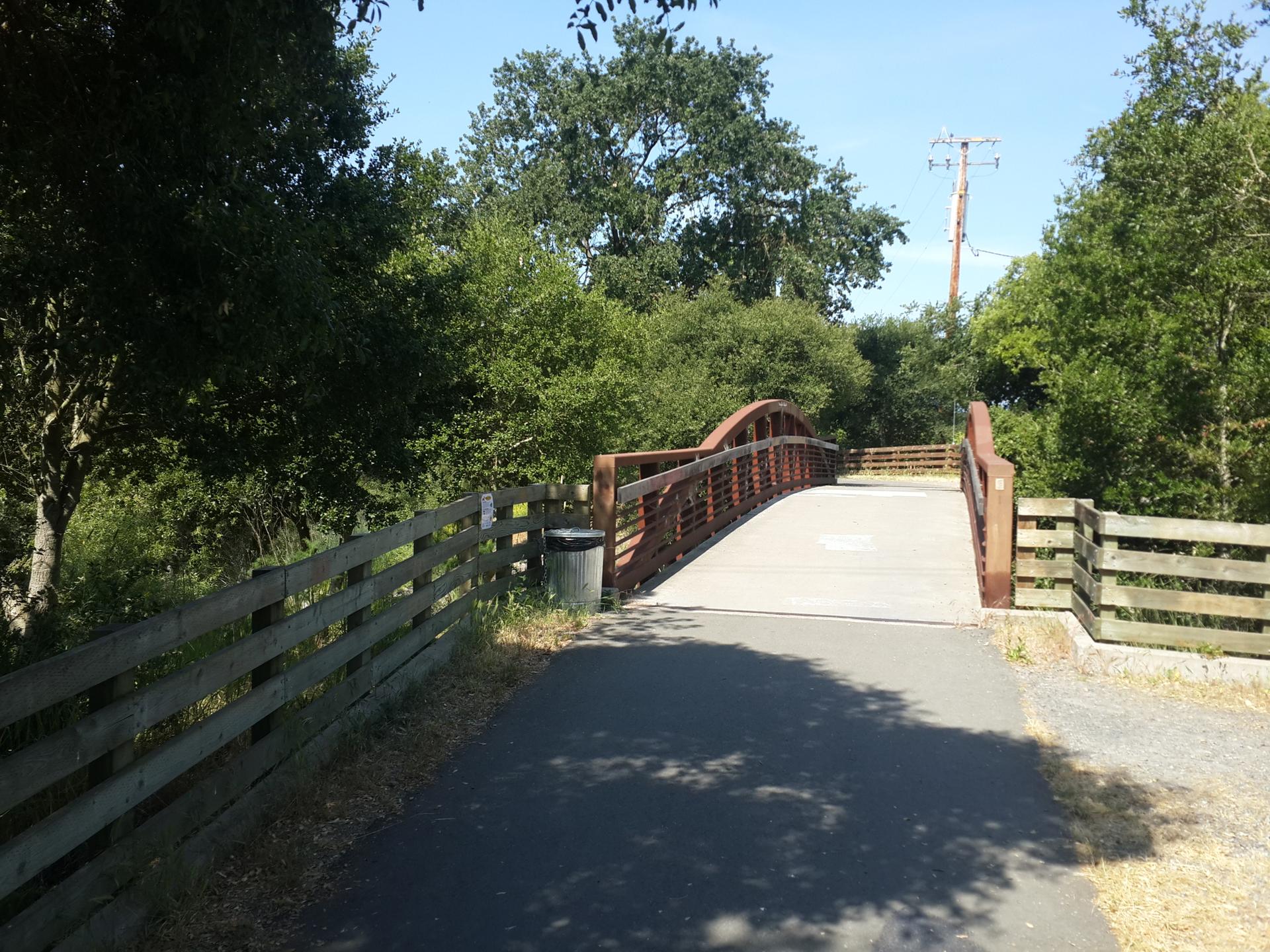 A paved path leads to a curved wooden bridge surrounded by lush trees.
