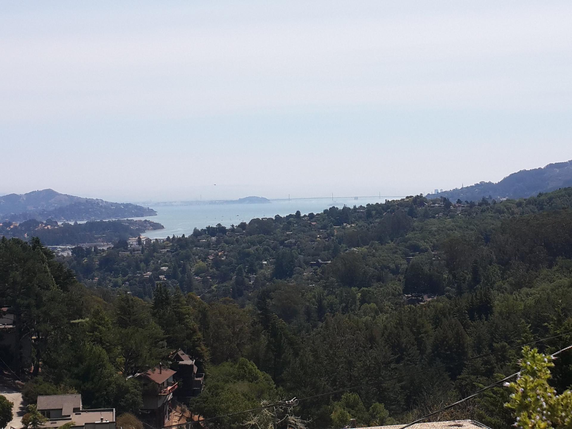 Hazy panoramic view of a bay, distant ocean, and forested hills with scattered houses.