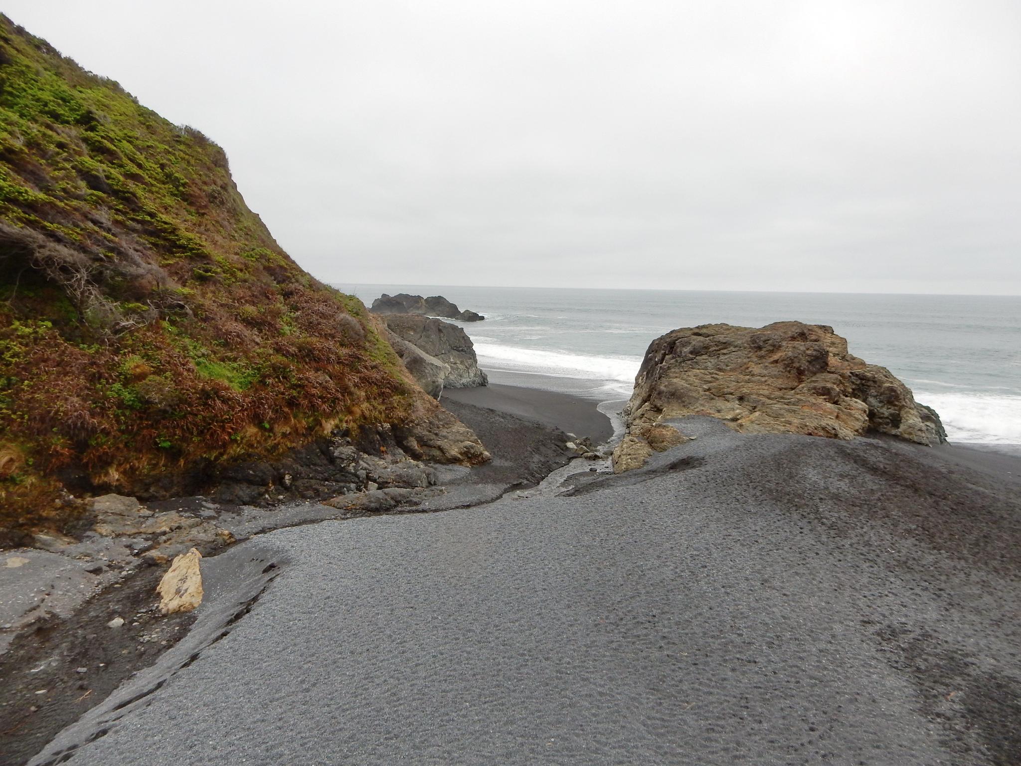 Overcast view of a rocky beach between steep, vegetated cliffs.