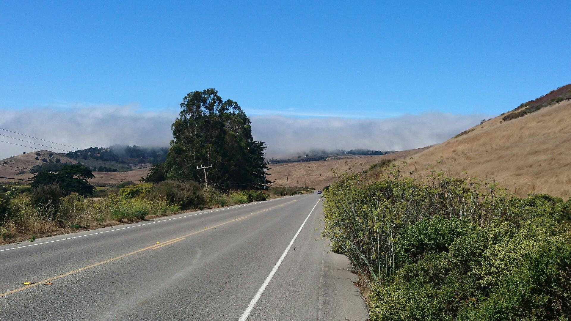 Empty road winding through dry hills with a distant fog bank.