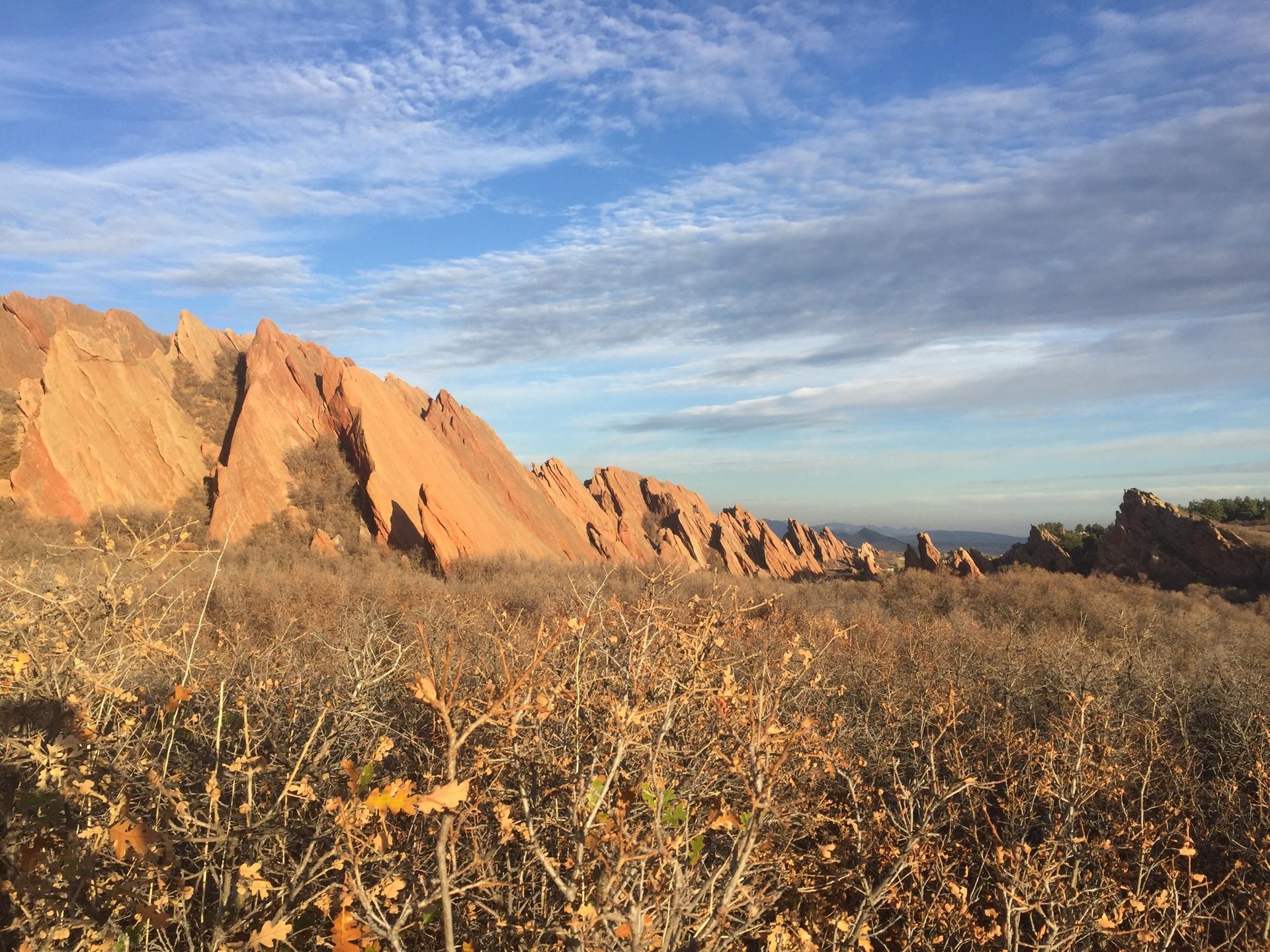 Jagged red rock formations behind dry brush under a partly cloudy sky.