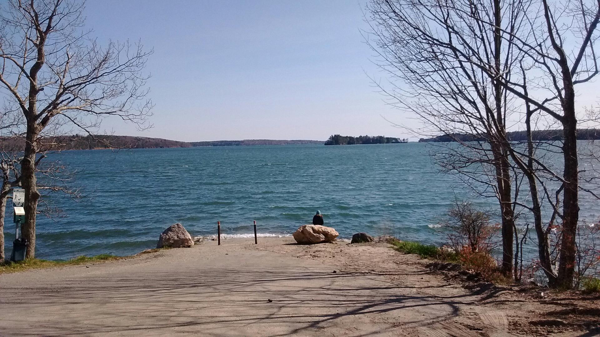 A wide lake view from a boat ramp, framed by bare trees on a bright day.