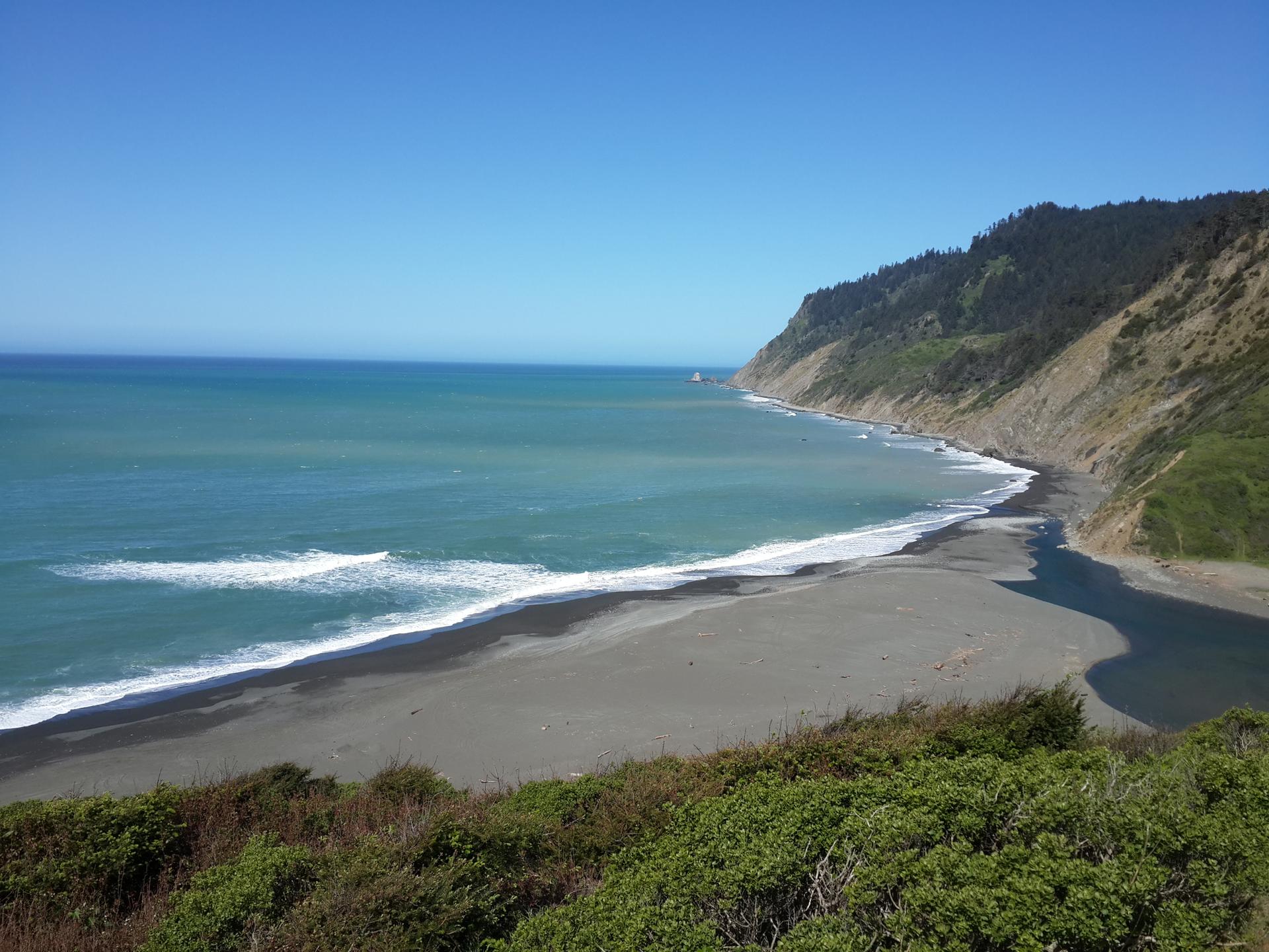 Sunny coastal view with blue ocean, dark beach, and forested cliffs.
