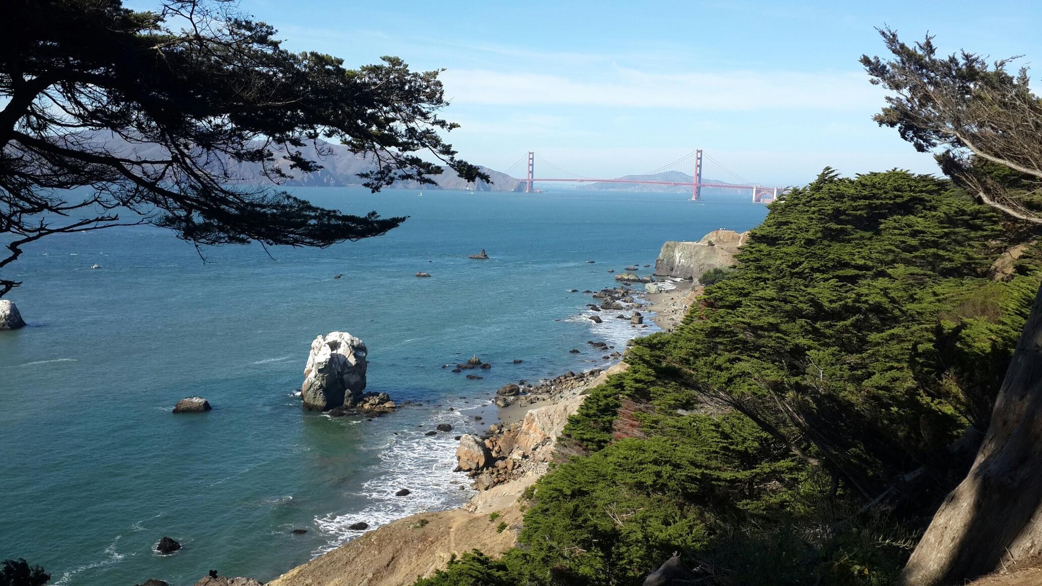 Ocean view with rocky coastline, sea stacks, and a distant red bridge.