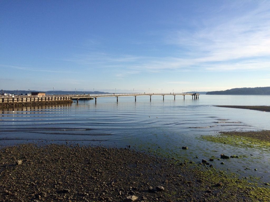 Long pier stretching over calm water under a bright blue sky. - Des Moines Pier – Des Moines Creek Trail loop from Angle Lake