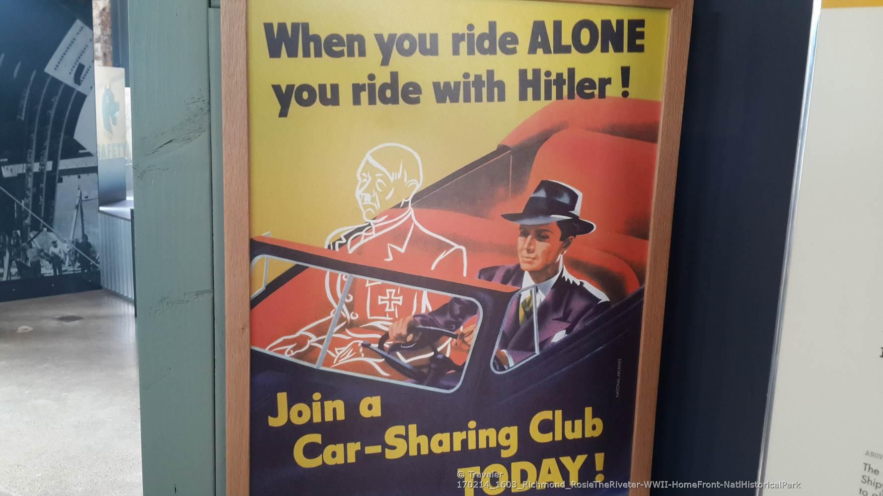 Vintage poster showing two men in a car, promoting car-sharing.
