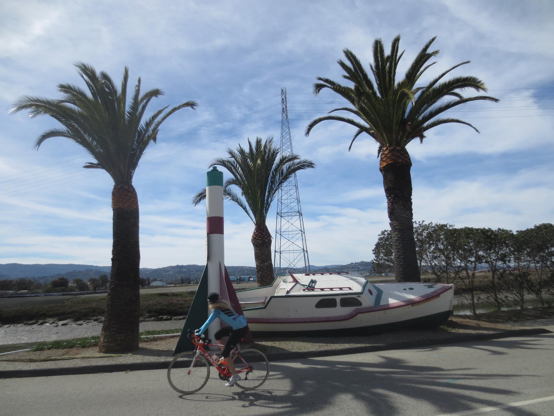 A person cycles past a boat and palm trees on a sunny day.