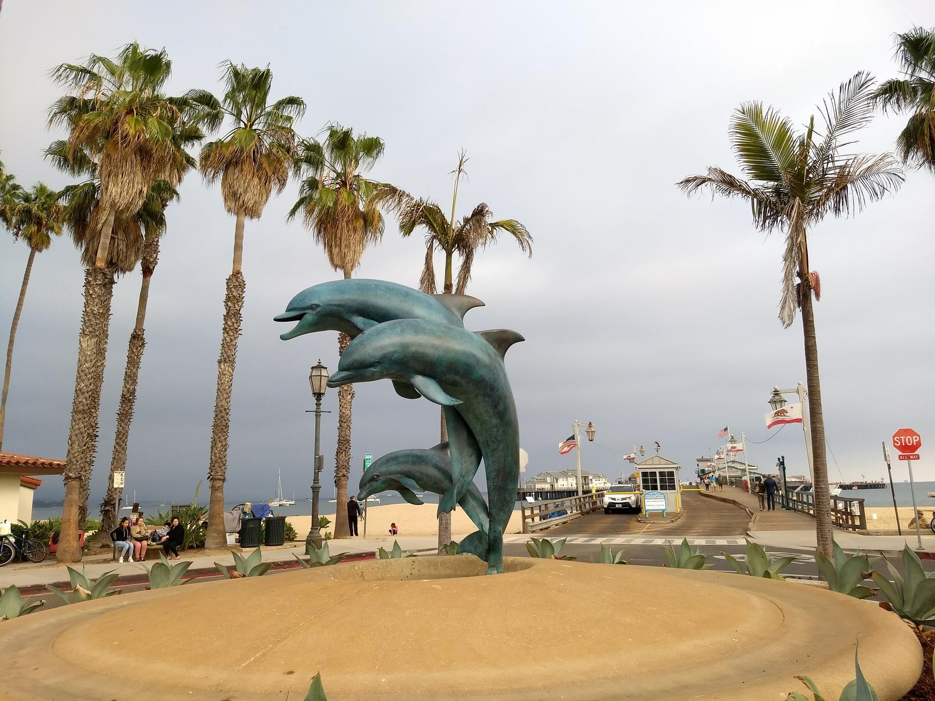 Bronze dolphin statue surrounded by palm trees near a pier entrance.