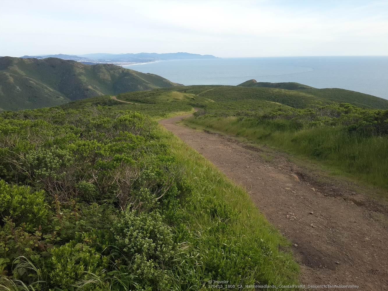 A dirt path winds along a grassy coastal hillside overlooking the ocean.