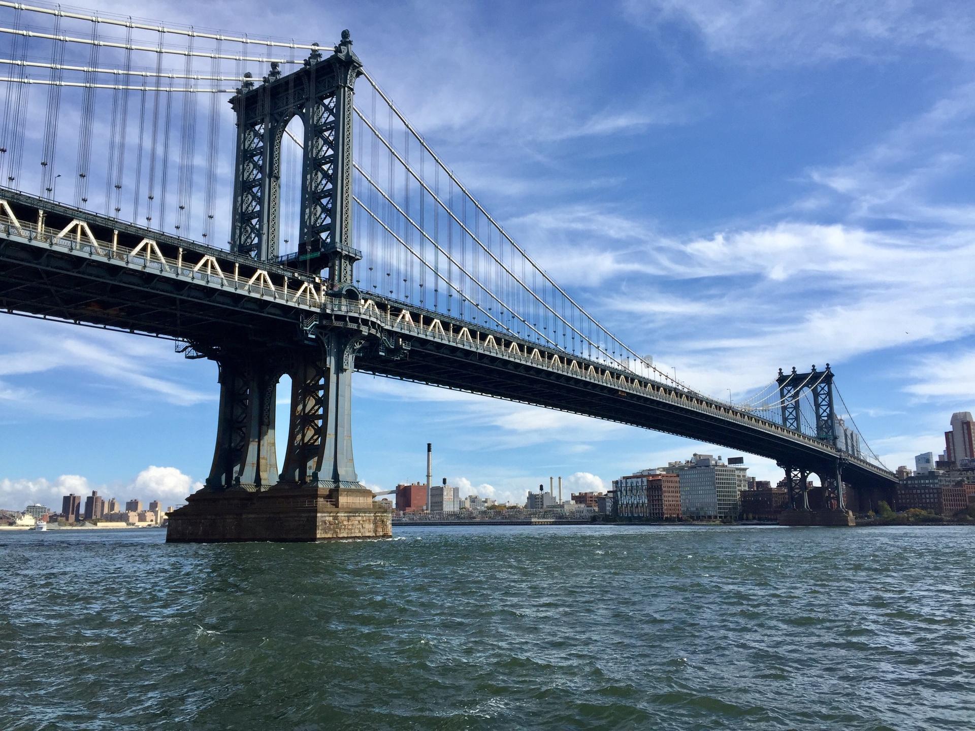 Large suspension bridge over water with a city skyline under a blue sky.
