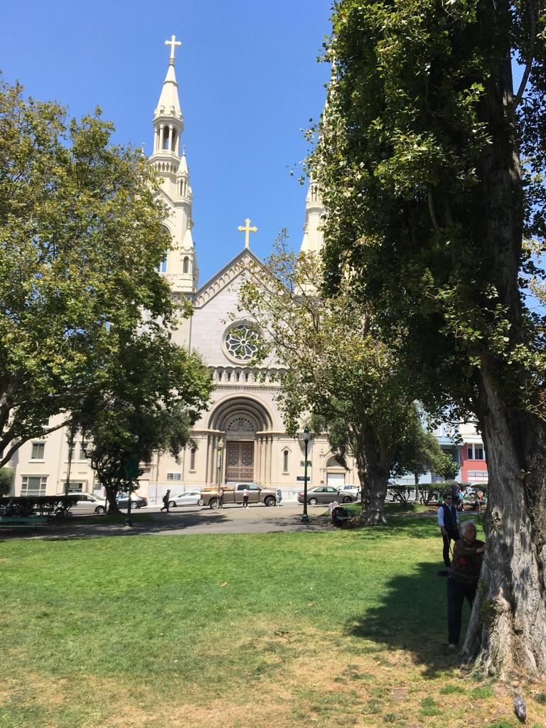 Grand church with twin spires, framed by green trees and a sunny park.