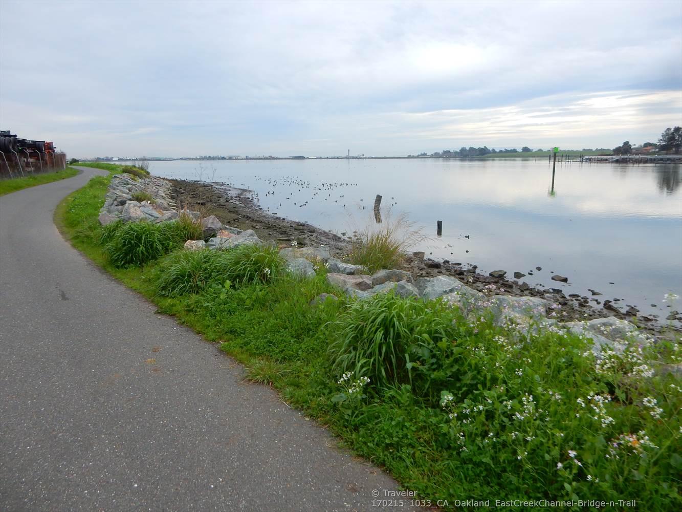 Paved path alongside a calm body of water under an overcast sky.