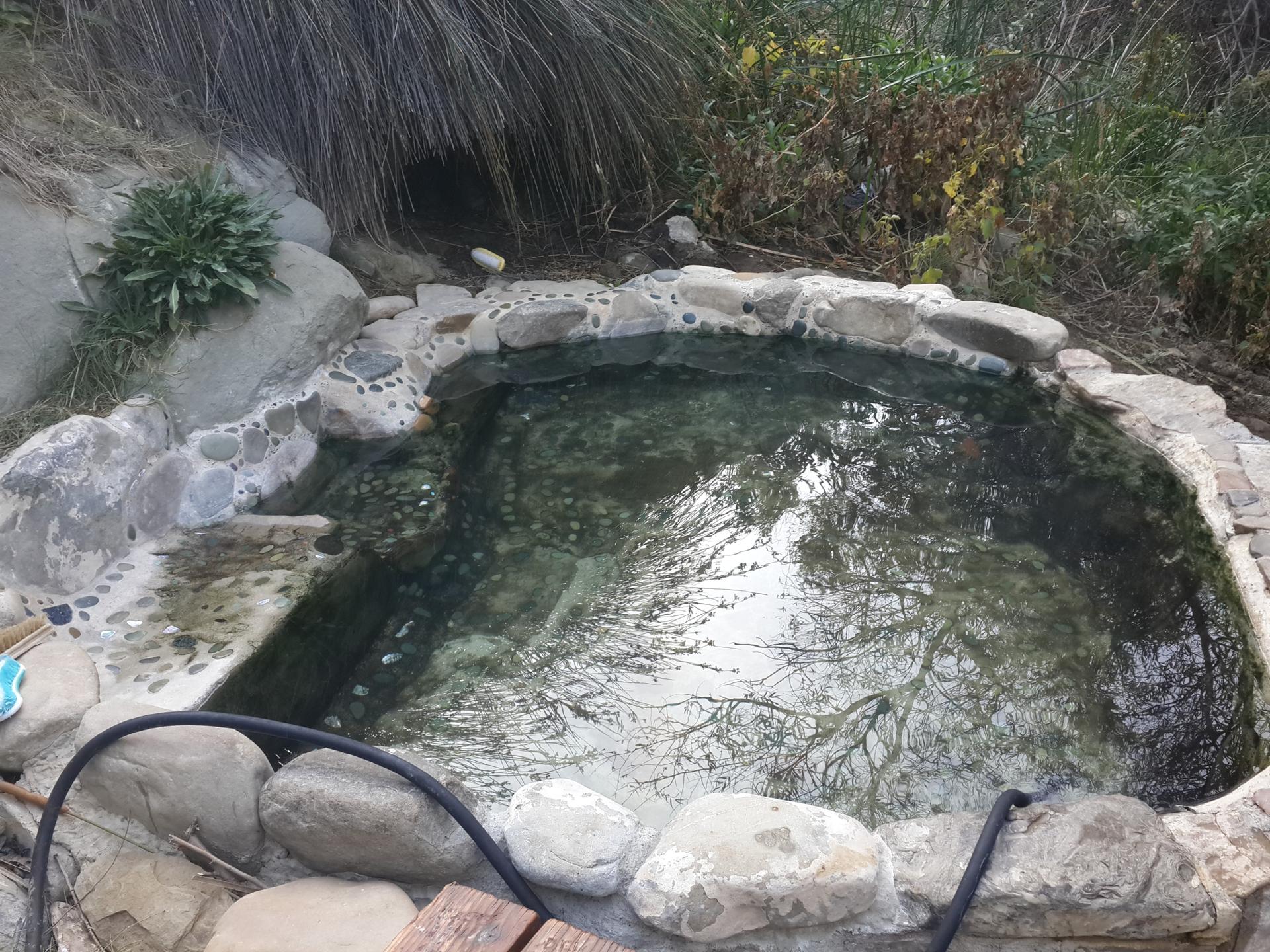A small, clear rock-lined pool reflects trees under bright daylight.