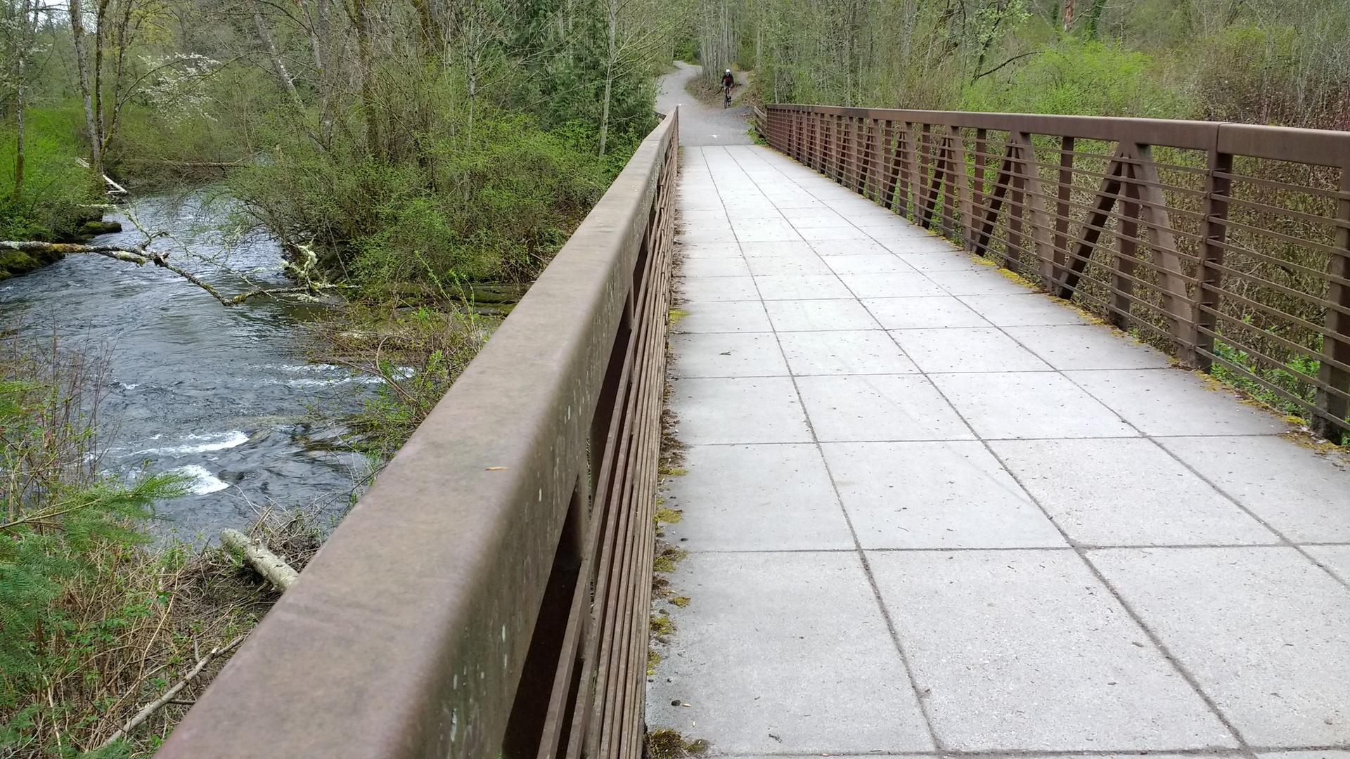 A long pedestrian bridge spans a river, with a person walking in the distance.