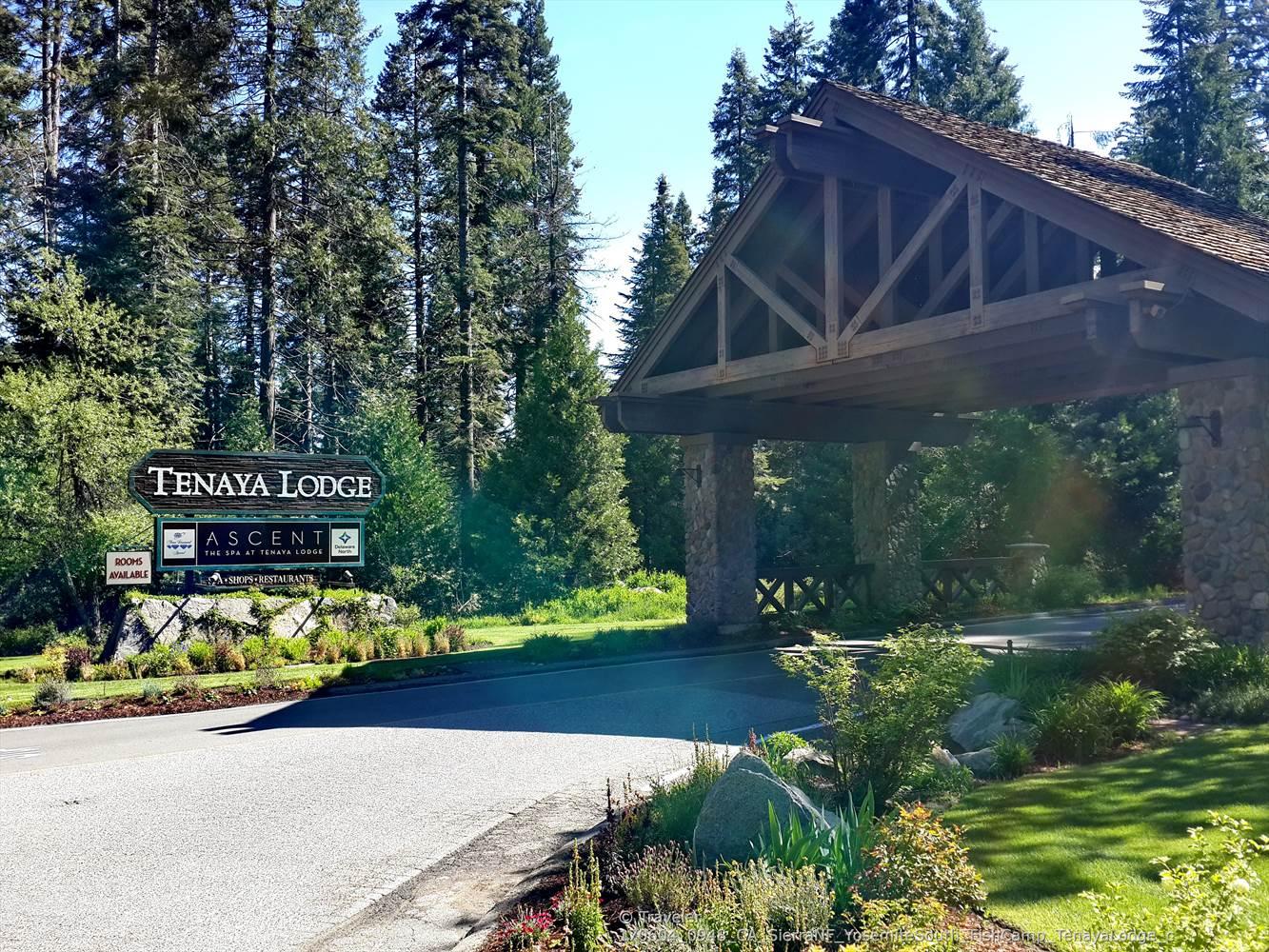 Lodge entrance with a large sign and timber porte-cochere, surrounded by tall trees.