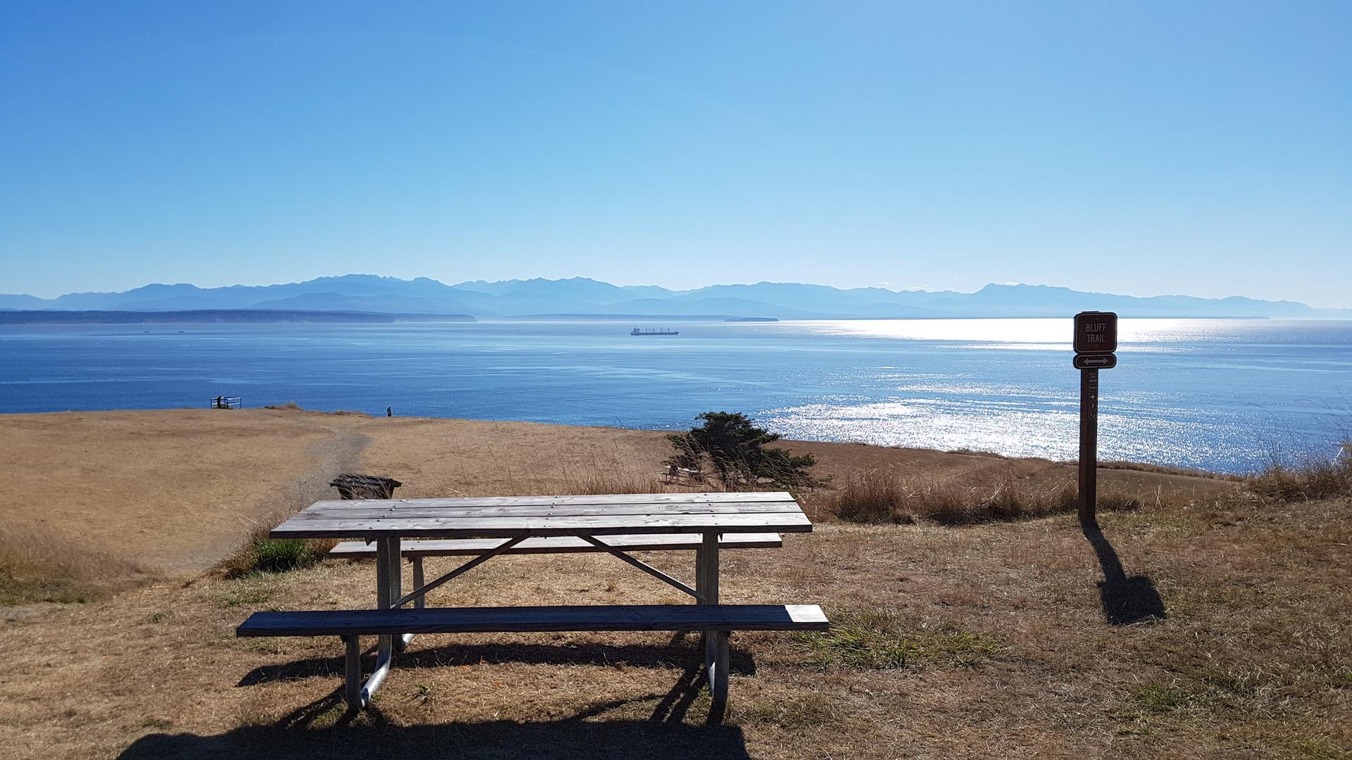 Picnic table on a sunny grassy bluff overlooking a wide blue ocean.
