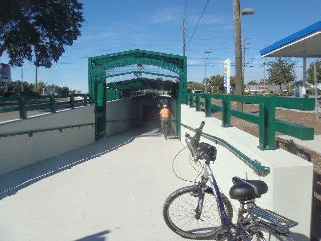 Person on bicycle entering a green covered tunnel on a sunny day.