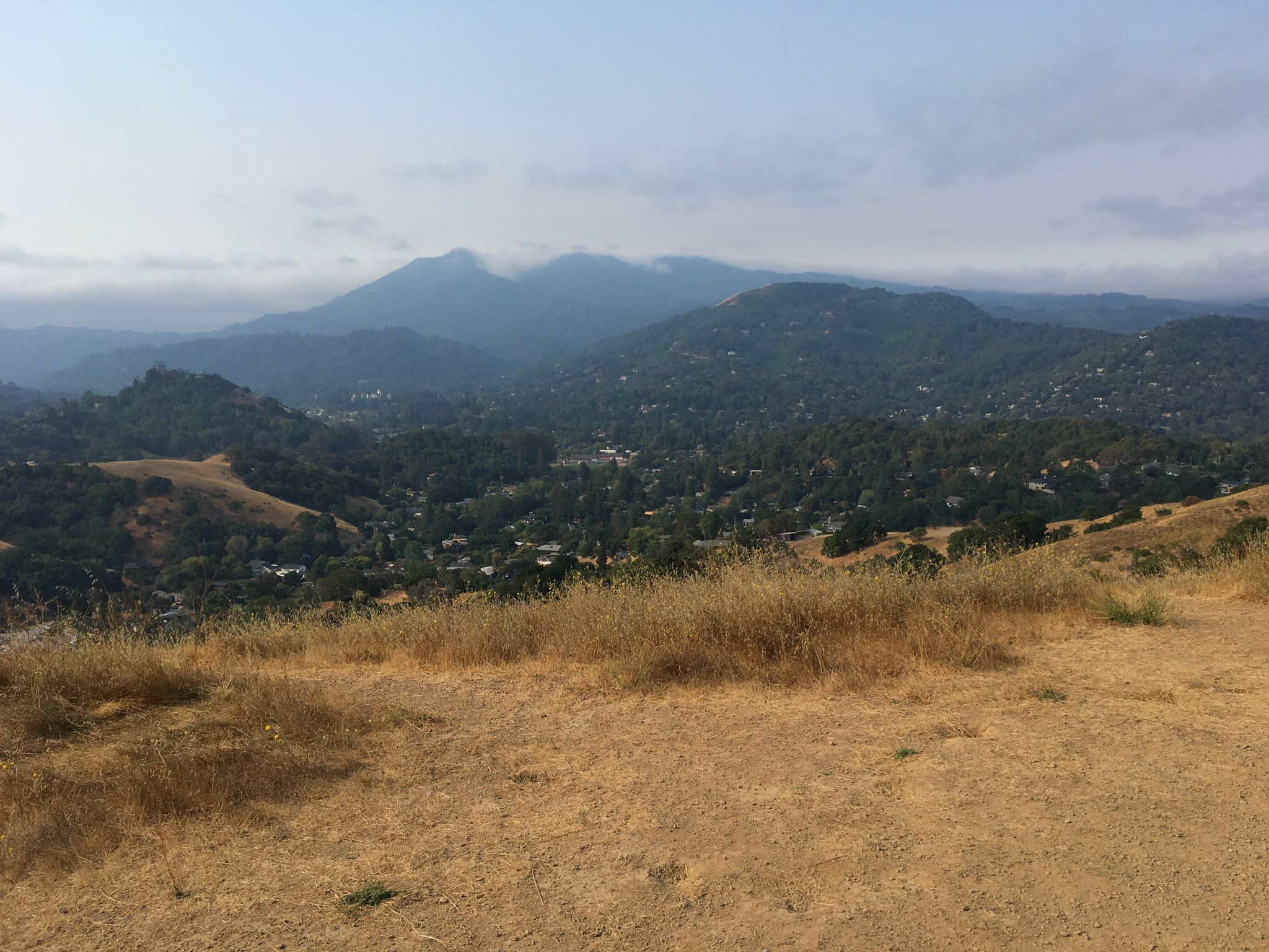 Expansive view of dry hills, green valleys, and distant mountains under a cloudy sky. - Ridgewood Fire Road and Cemetery Fire Road Loop