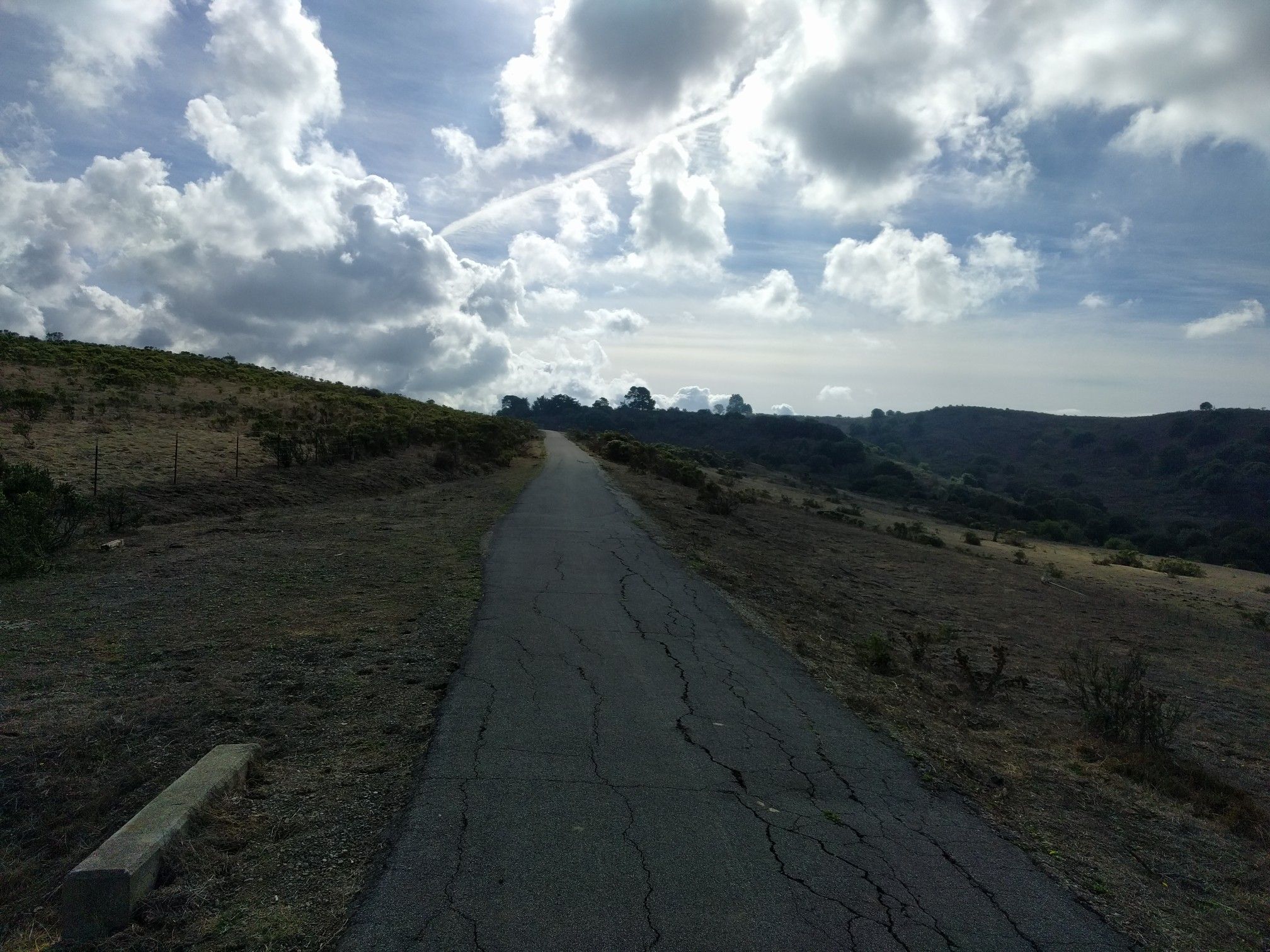 Paved path winding uphill through grassy hills under a cloudy sky. - Conlon Trail and Nimitz Way Loop