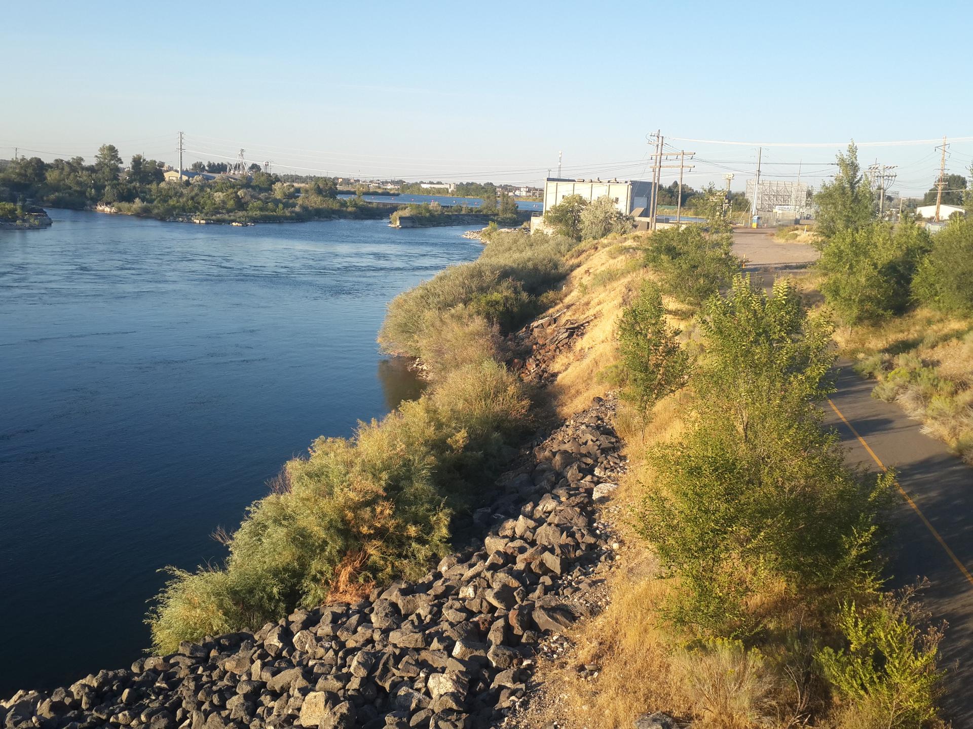 River flowing past a rocky bank with brush and a road above.