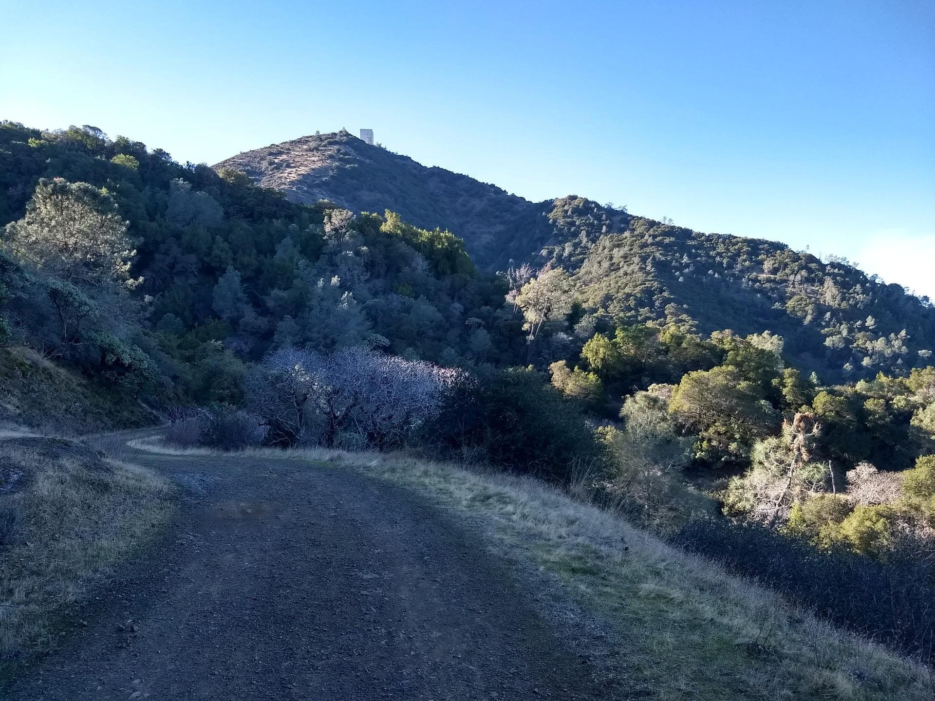 A dirt path overlooking a forested mountain with a building on top.