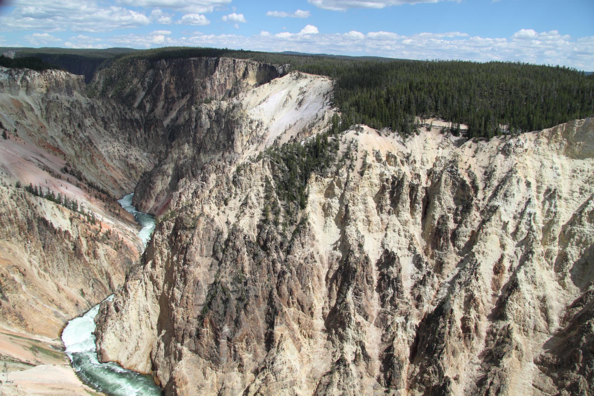 Expansive canyon with light-colored rocky walls, a winding river, and distant forests.
