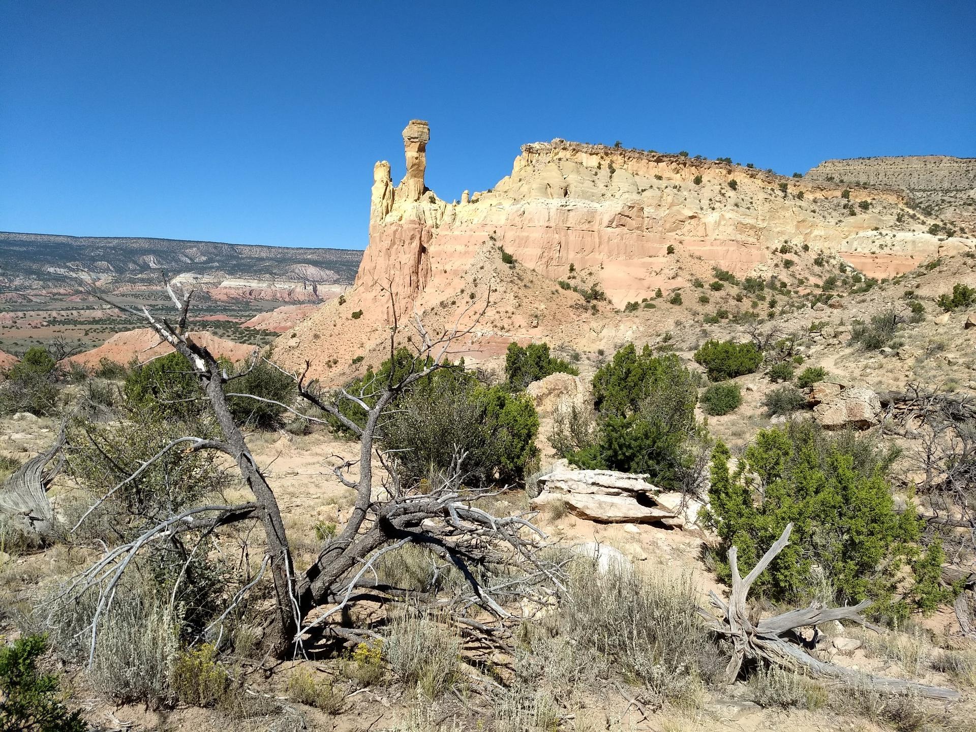 A unique rock formation stands tall in a sunny desert landscape.