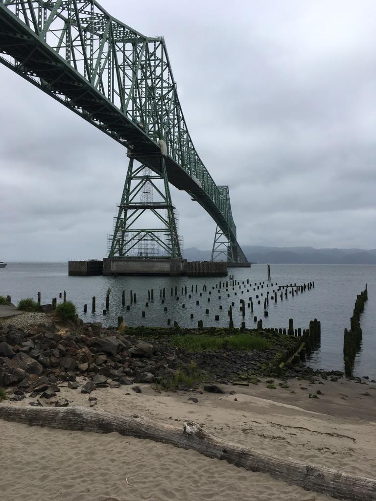 Large green steel bridge over water, old pilings, sandy shore, cloudy sky.