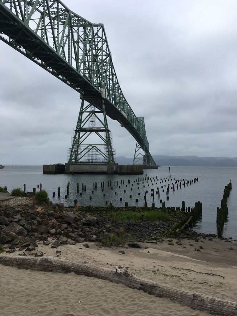 Large green steel bridge over water, old pilings, sandy shore, cloudy sky. - Astoria Riverwalk