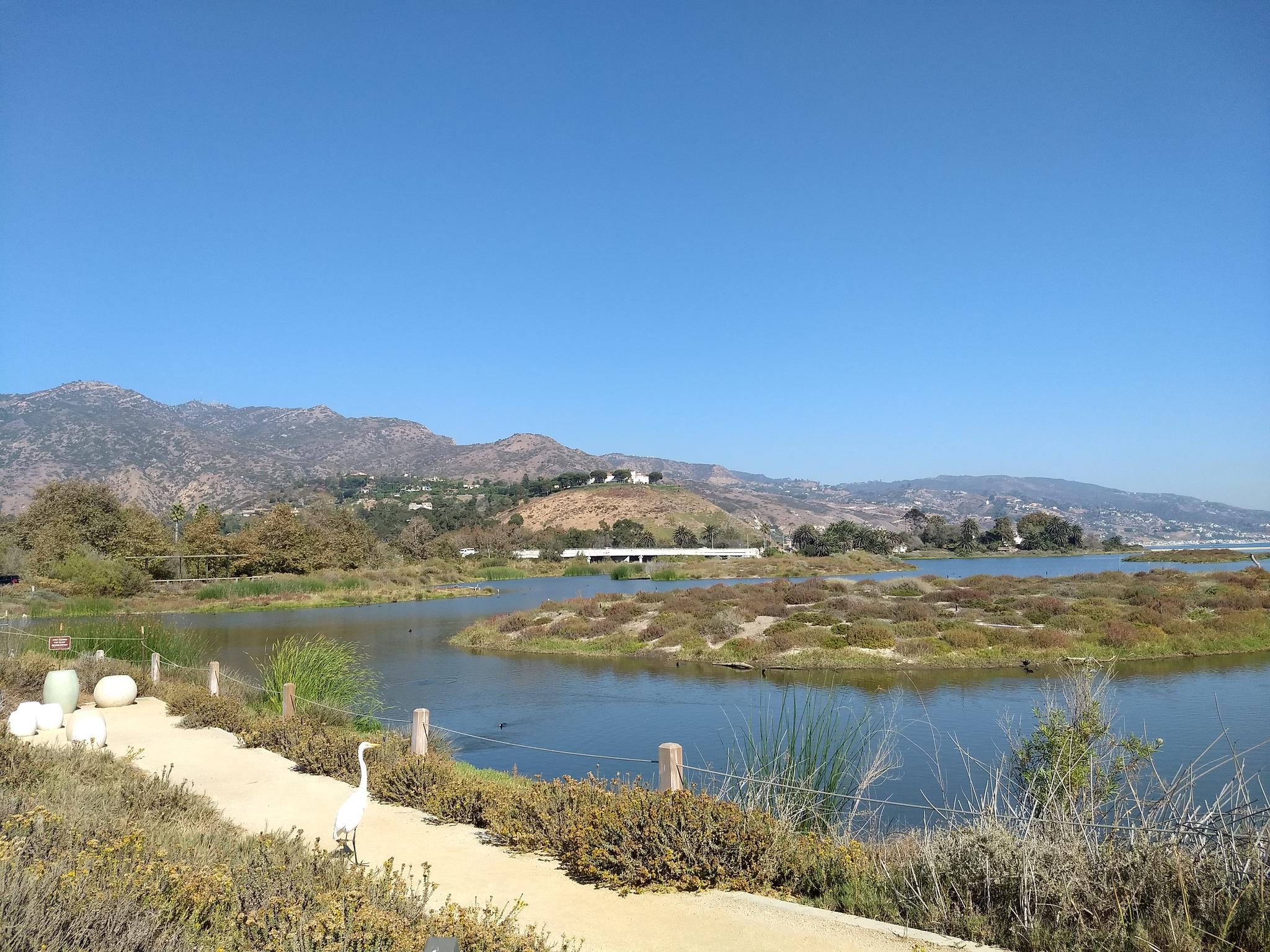 A calm lake with islands, mountains, and an egret under a clear blue sky.
