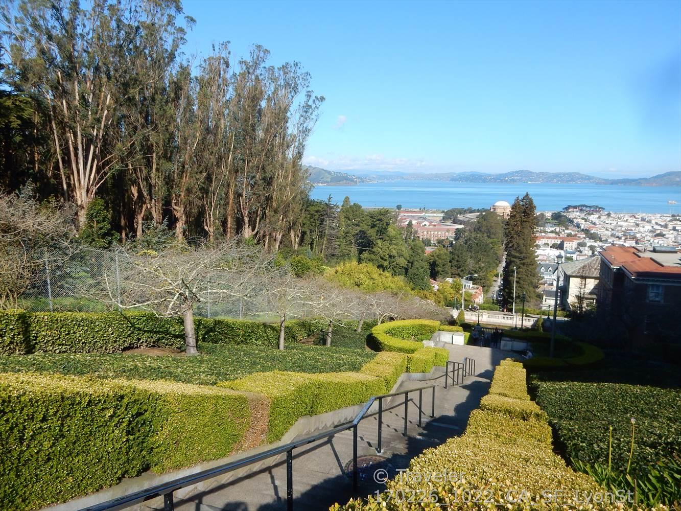 Sunny view of manicured gardens, stairs, and a distant city by the bay.