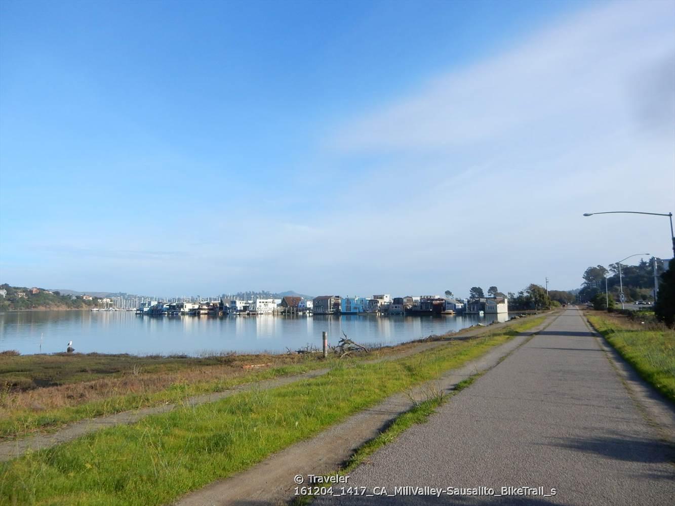 Houseboats float on calm water beside a paved path under a bright blue sky.