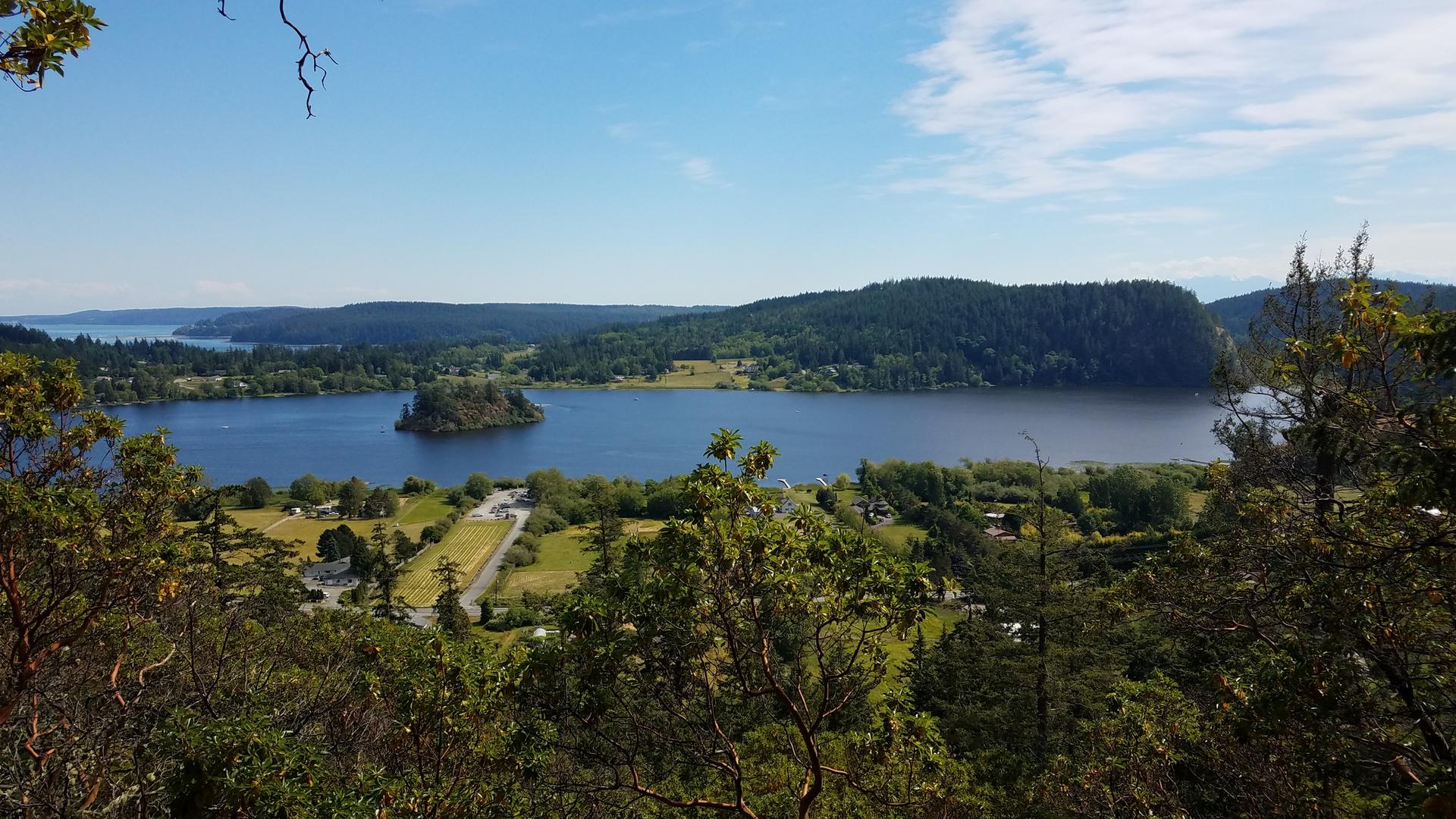Panoramic view of a large lake with an island, surrounded by green hills.