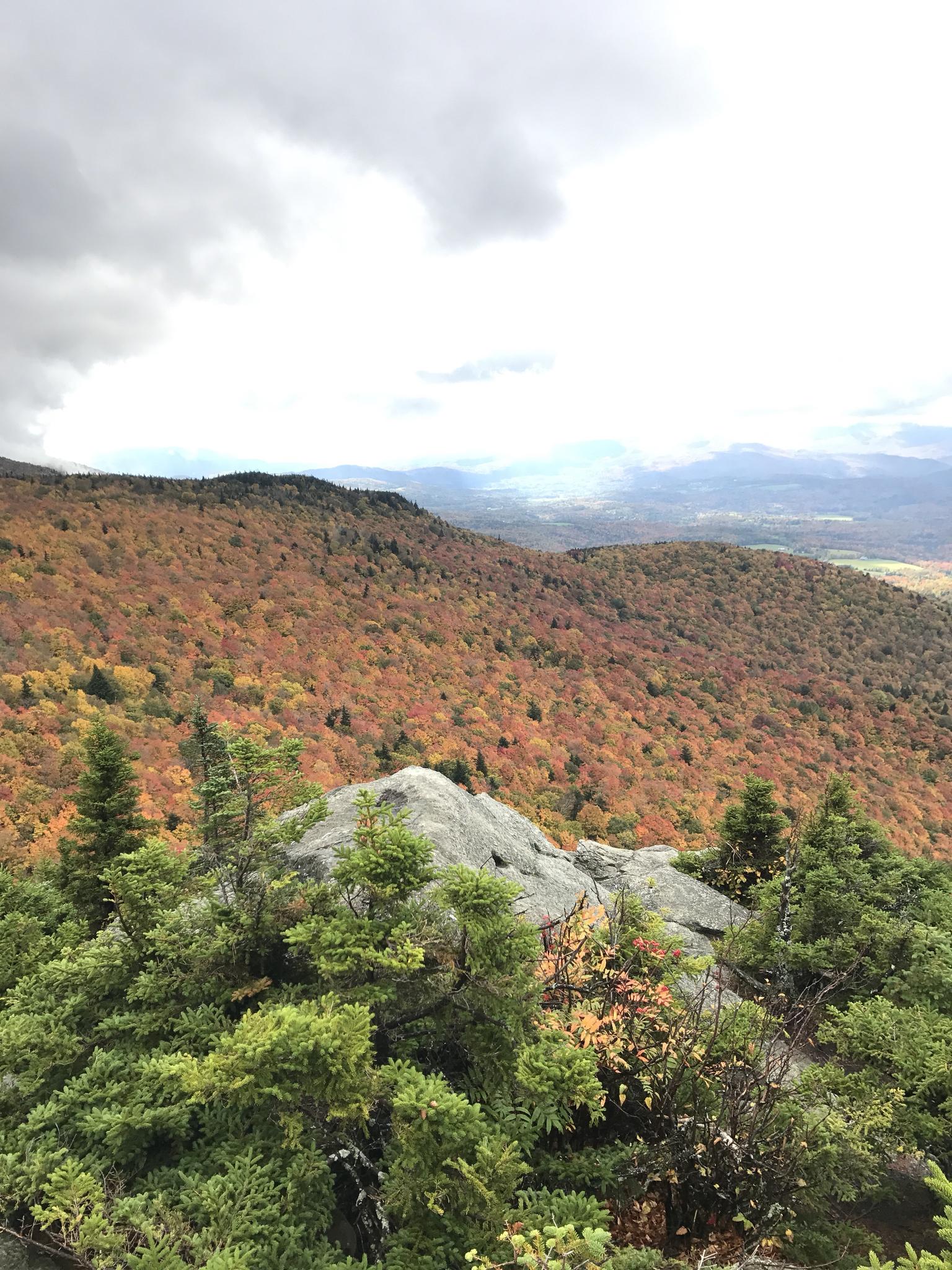 Mountain slope covered in vibrant autumn foliage under a cloudy sky.