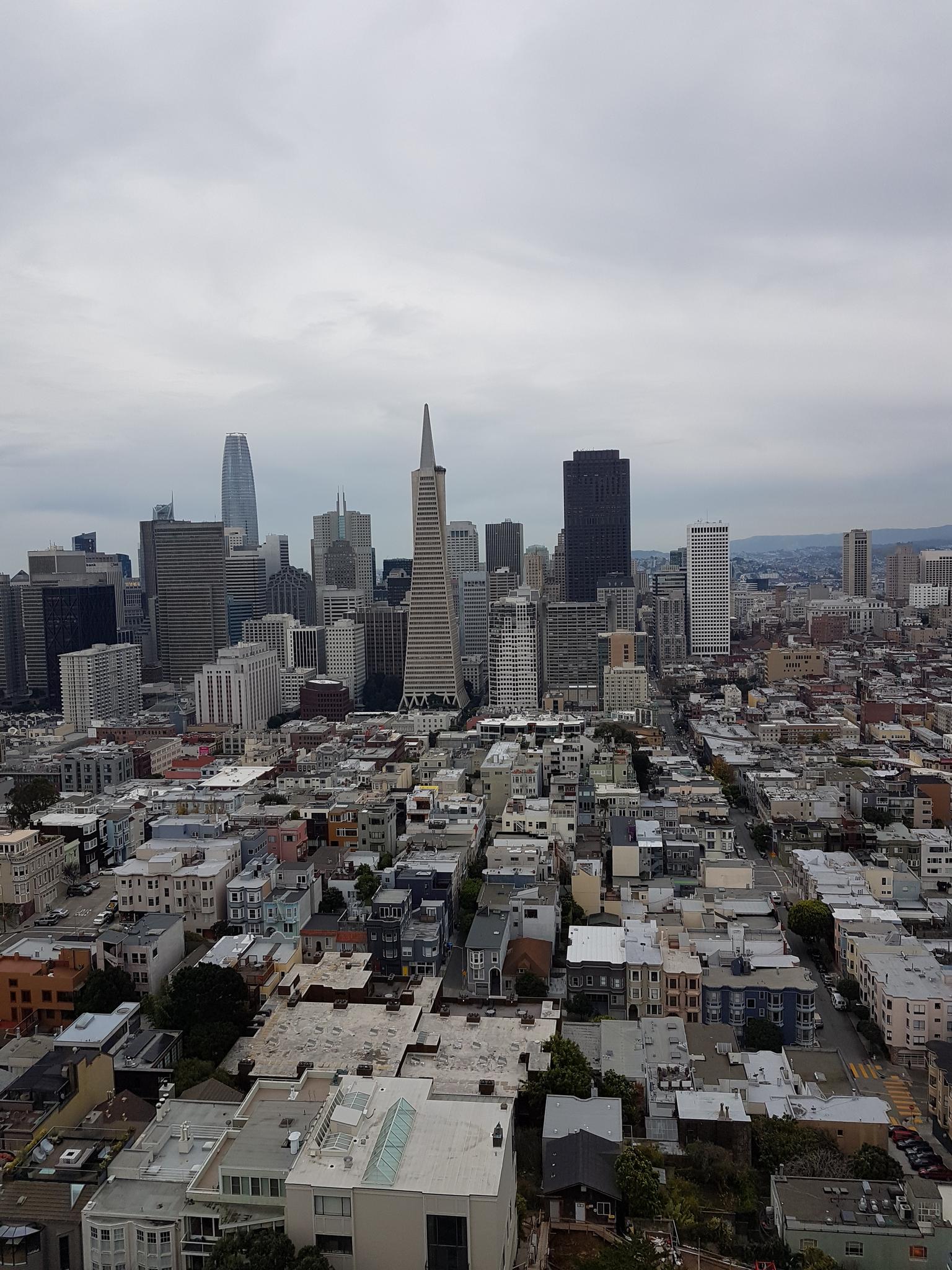 Dense city buildings and a prominent skyline under an overcast sky.