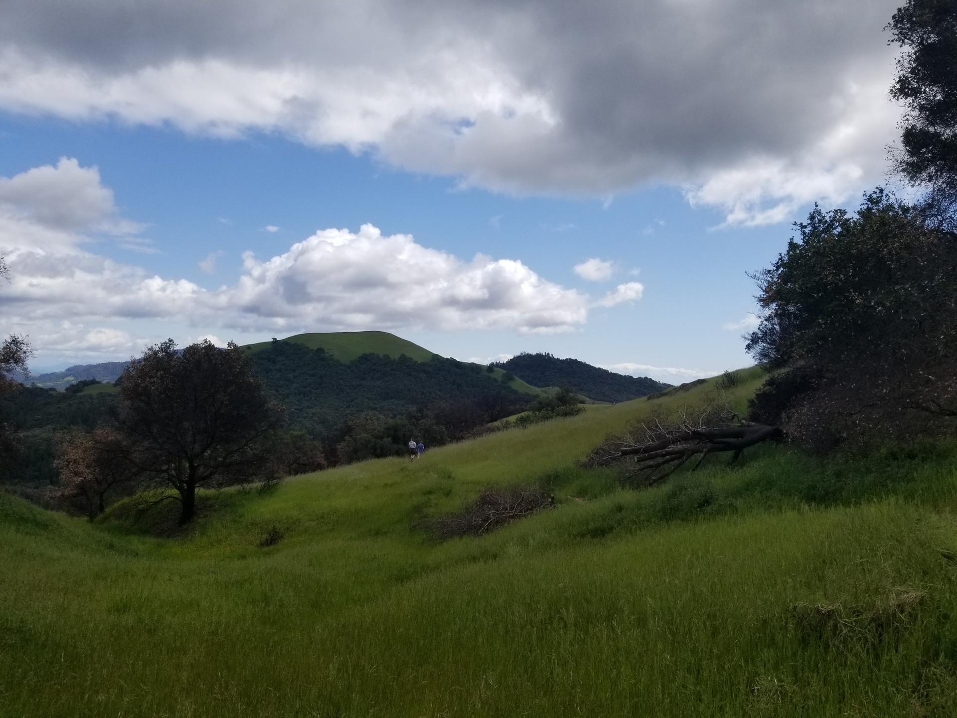 Green rolling hills under a partly cloudy sky, with a distant hiker.