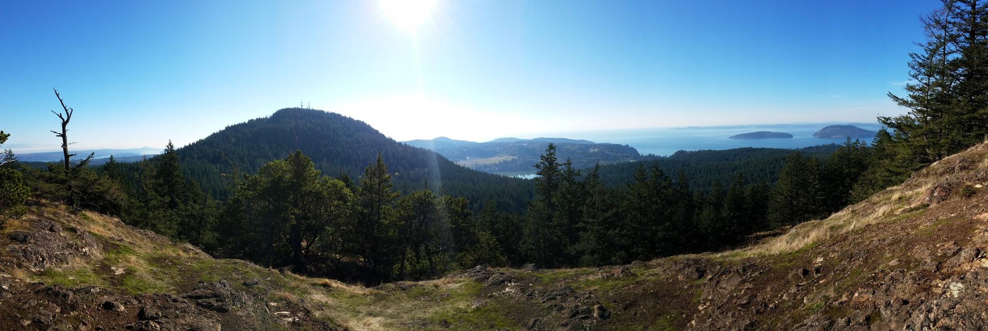Panoramic view of a forested mountain and distant water on a bright, sunny day.