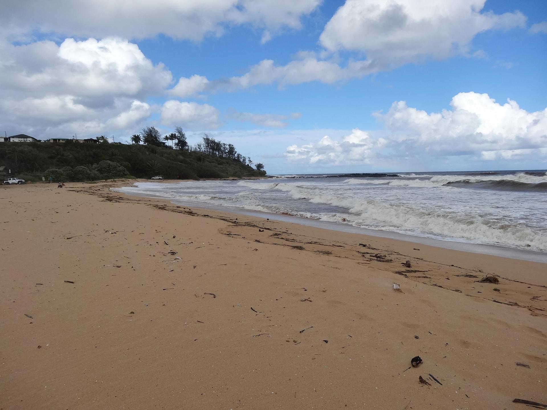 Sandy beach with foamy ocean waves under a bright, cloudy sky.