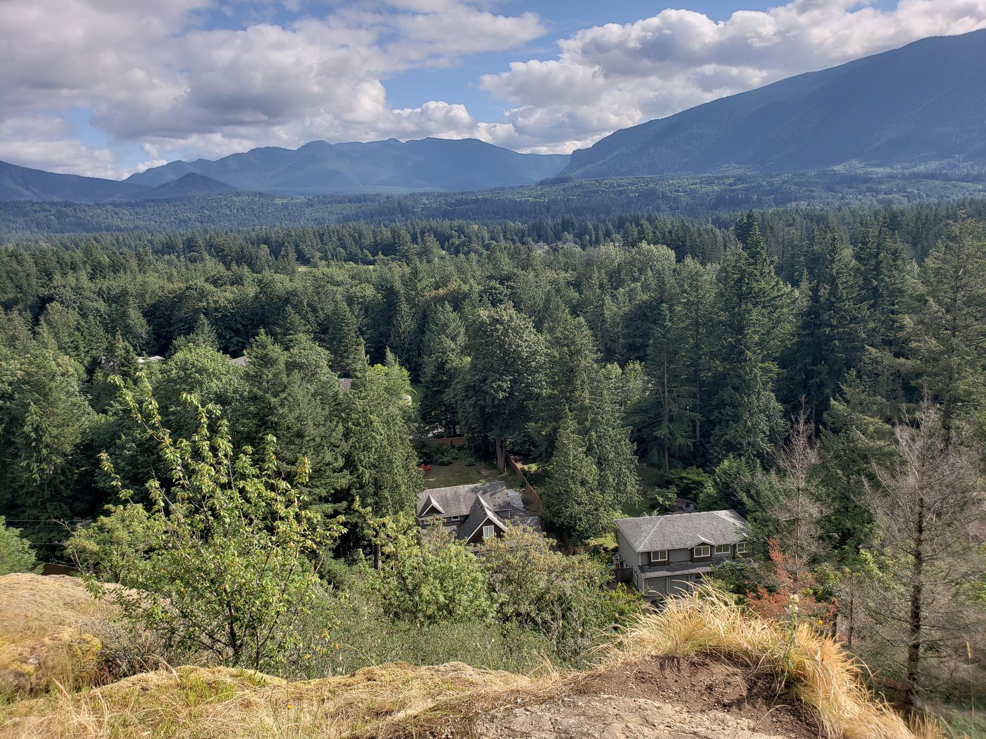 Panoramic view of a forested valley with houses and distant mountains under clouds.