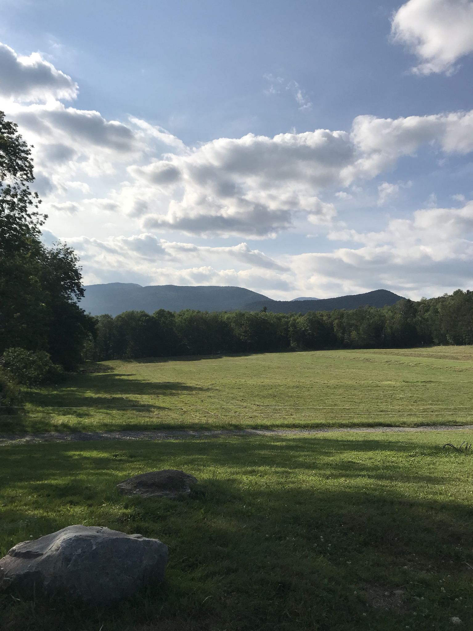 A vast green field stretches towards distant mountains under a cloudy sky. - Slayton Pasture Cabin – The Trapp Family Lodge loop from Trapp Family Lodge