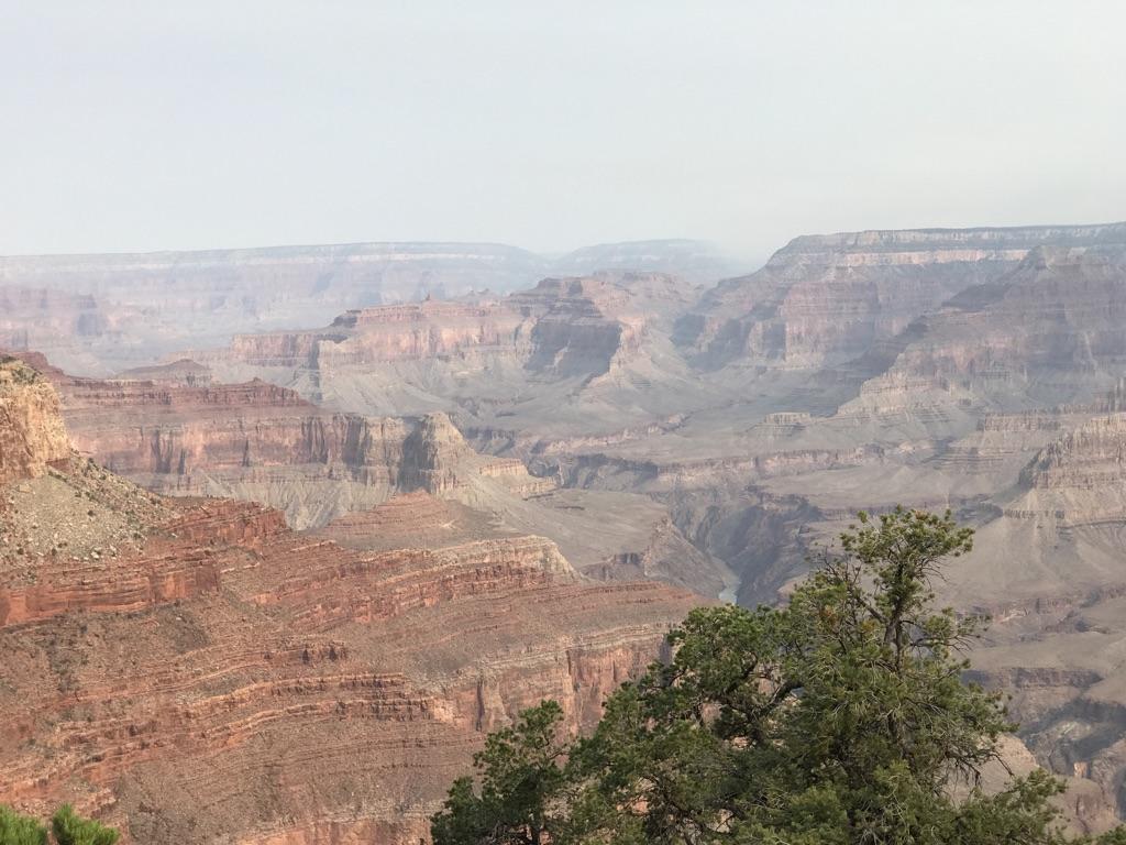 Hazy, wide, layered canyon with green trees in the foreground.