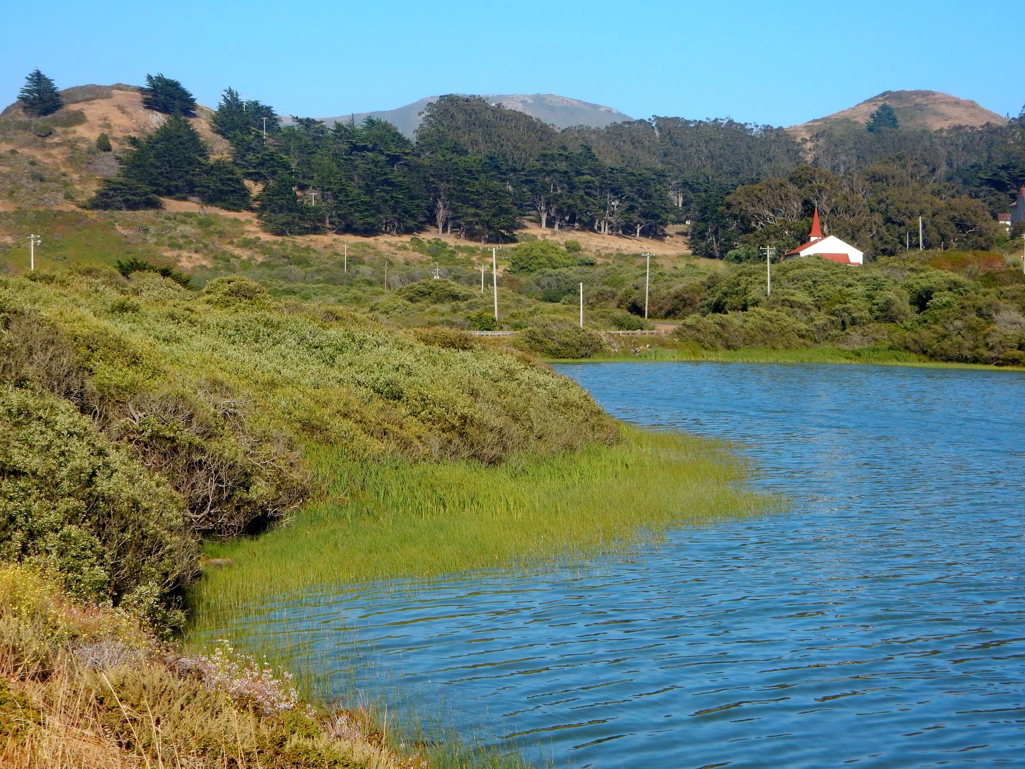 A serene blue lake with lush green vegetation and distant hills.