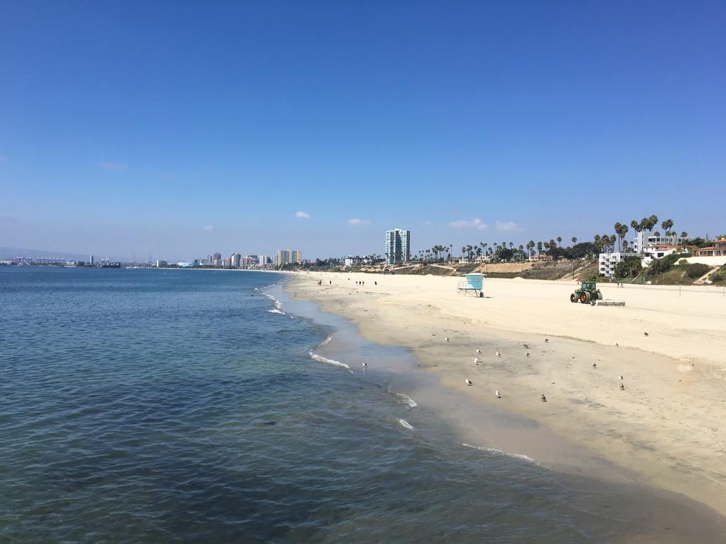 Sunny beach scene with blue ocean, distant city, and people enjoying the sand.