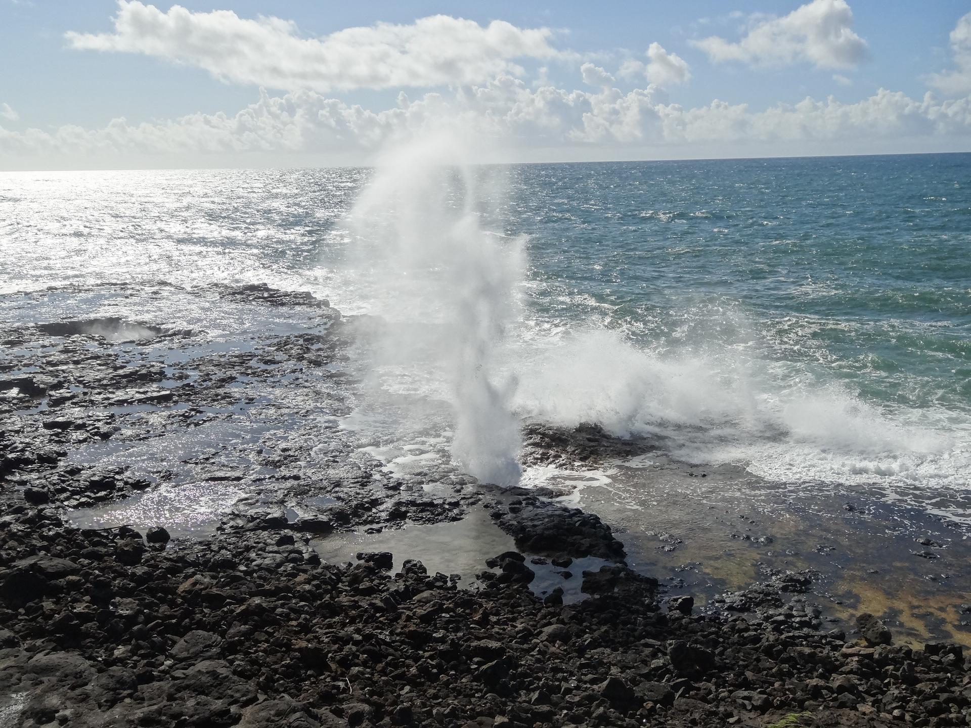 Powerful water spout erupts from a rocky shore into the sunny ocean.