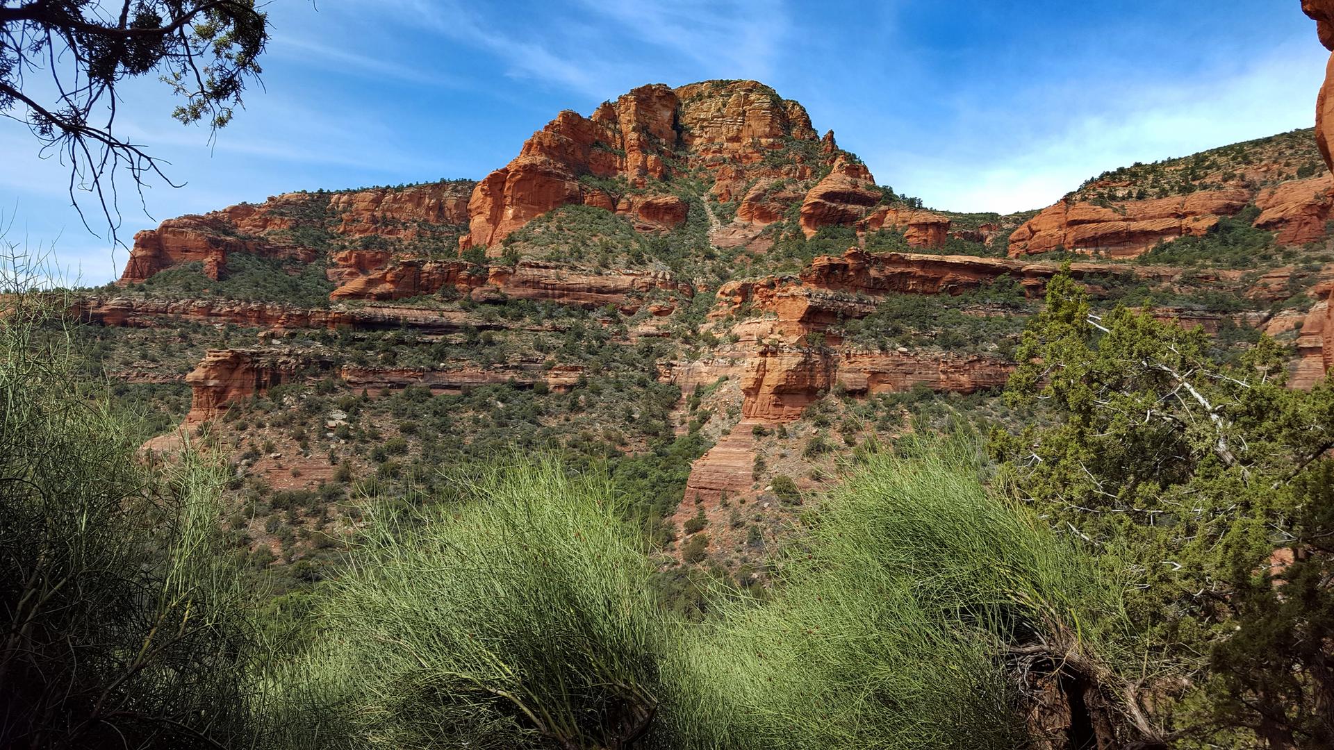 Expansive red rock mountain landscape with green foliage under a bright blue sky.