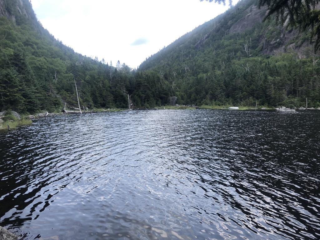 A dark lake surrounded by steep, forested mountains under an overcast sky.