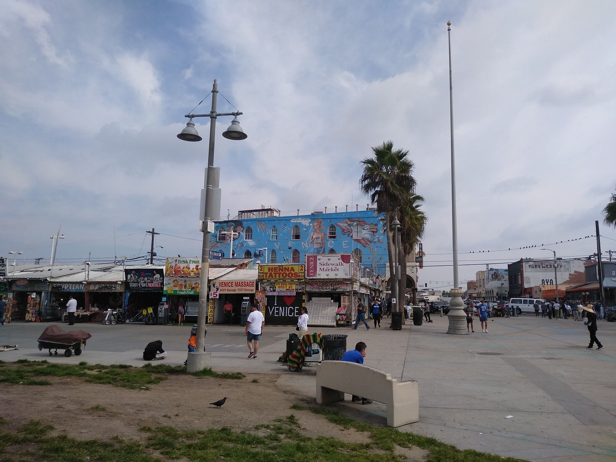 Busy street scene with colorful buildings, palm trees, and people under cloudy sky. - Venice Beach and Canals Loop